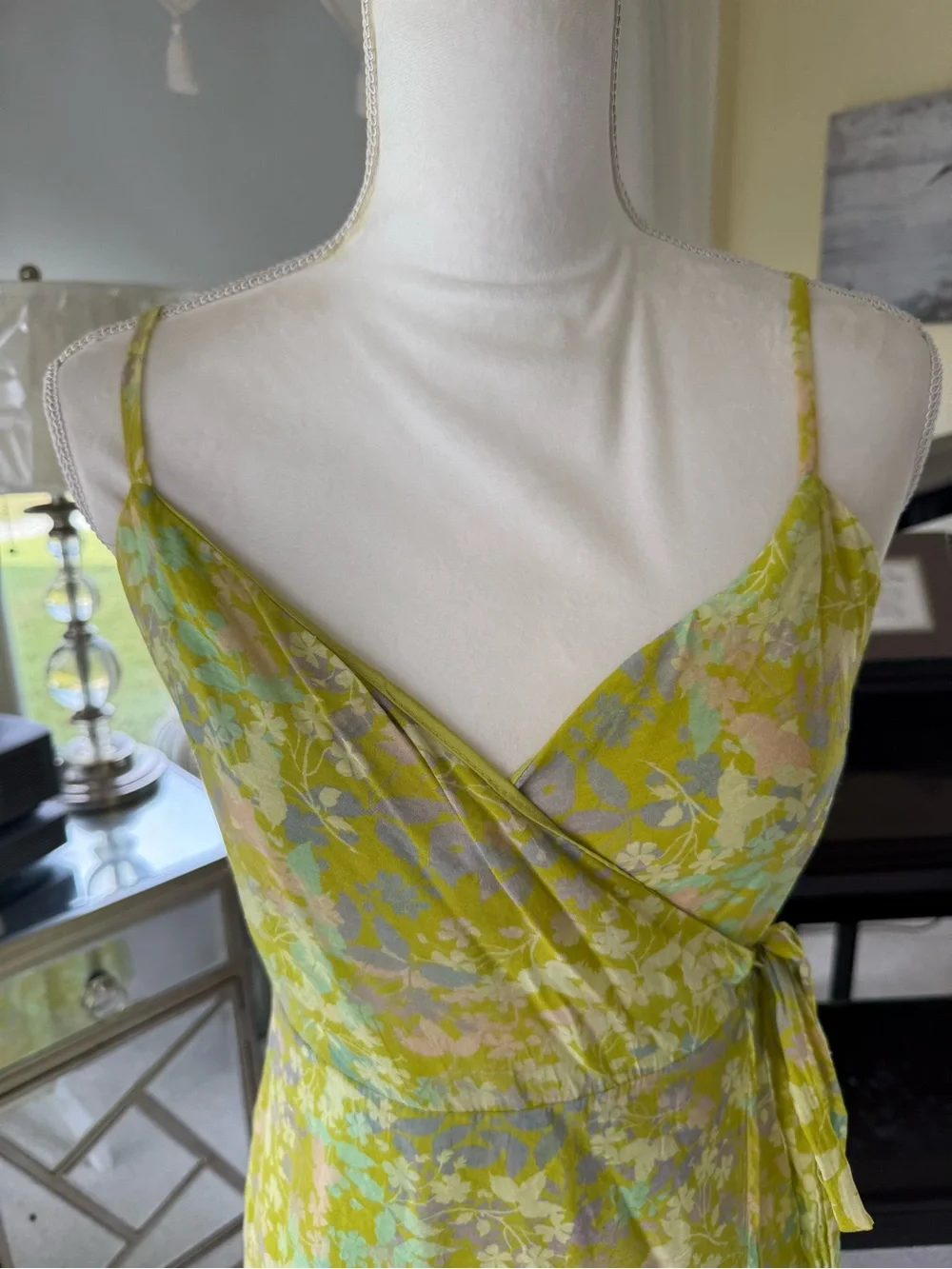 On Twelfth Wrap dress soft green watercolor florals flowing summer womens
